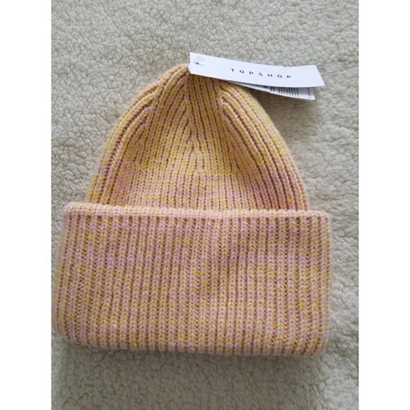 Topshop Chunky Winter Wooly Scandi Beanie Cap Pink & Yellow O/S - Picture 1 of 2